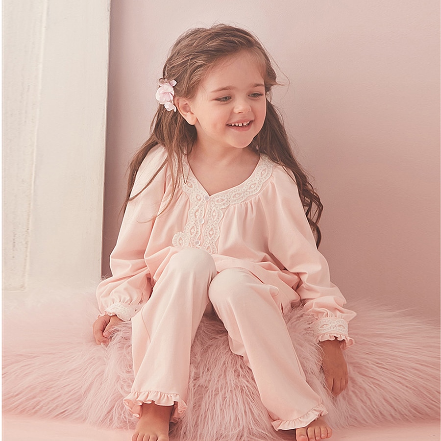 Børn pige lolita lyserøde pyjamasæt. langærmede toppe + bukser. vintage småbørn børn broderet pyjamas sæt. kongelig søvn loungewear