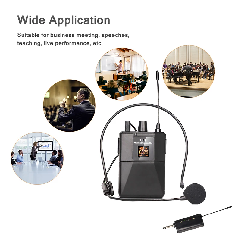Microfone de fone de ouvido sem fio uhf com transmissor receptor display digital led transmissor de mochila para ensino de desempenho ao vivo