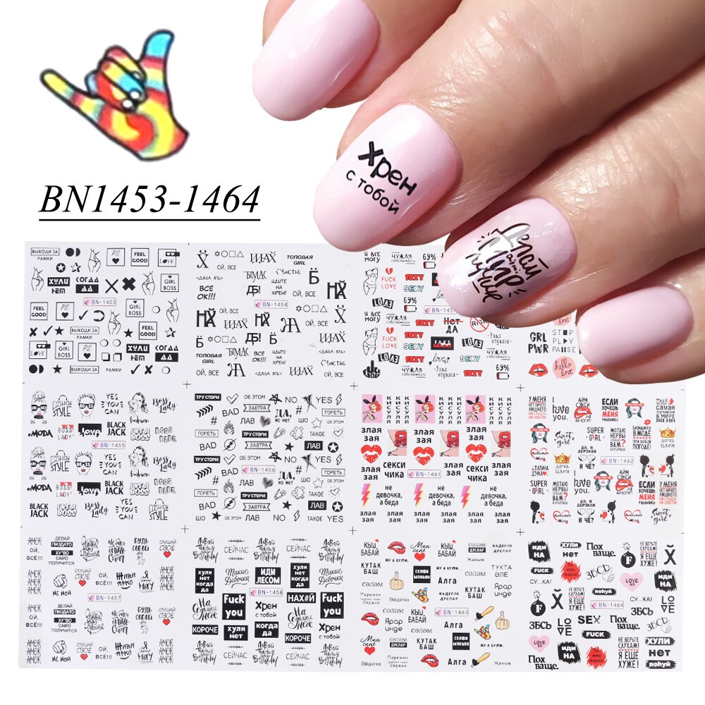 36 Pcs Brief Nail Water Decals Bloem Slechte Gril Russische Woord Nail Art Stickers Voor Nagels Liefde Slider Manicure decor SA1561