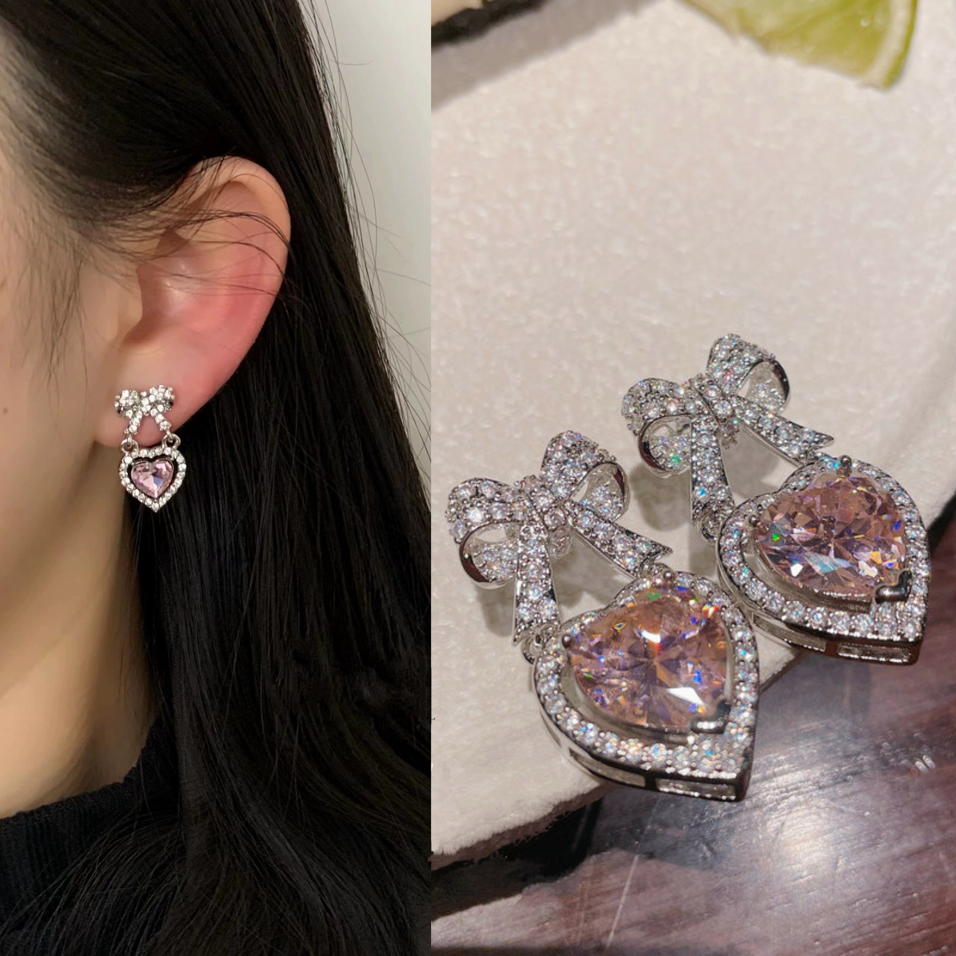 Korean Pink Pendant Earrings Princess Full Rhinestone Bow Love Heart Earrings Women's Wedding Aesthetic Jewelry