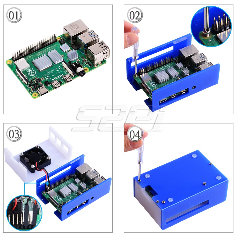 52Pi Acrylic Case Plastic Enclosure Shell Cover Blue / Red / Green with Large 4010 Cooling Fan Heat Sinks for Raspberry Pi 4B