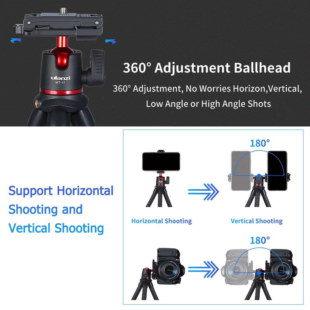 Ulanzi-trípode pulpo Flexible 2 en 1, soporte con tornillo de 1/4 pulgadas, cabeza de bola de ajuste de inteligente para cámara DSLR SLR, MT-11