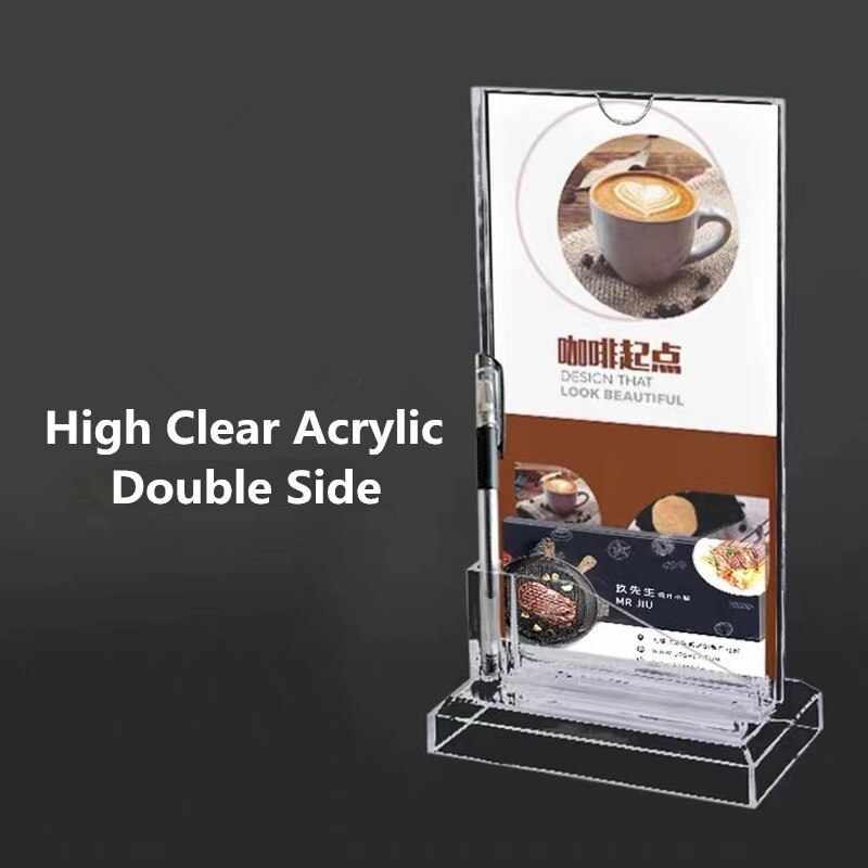 T Shaped Double-Sided Table Top Clear Acrylic Sign Holder Display Menu Paper Stand Ad Frame WIth Business Card Holder