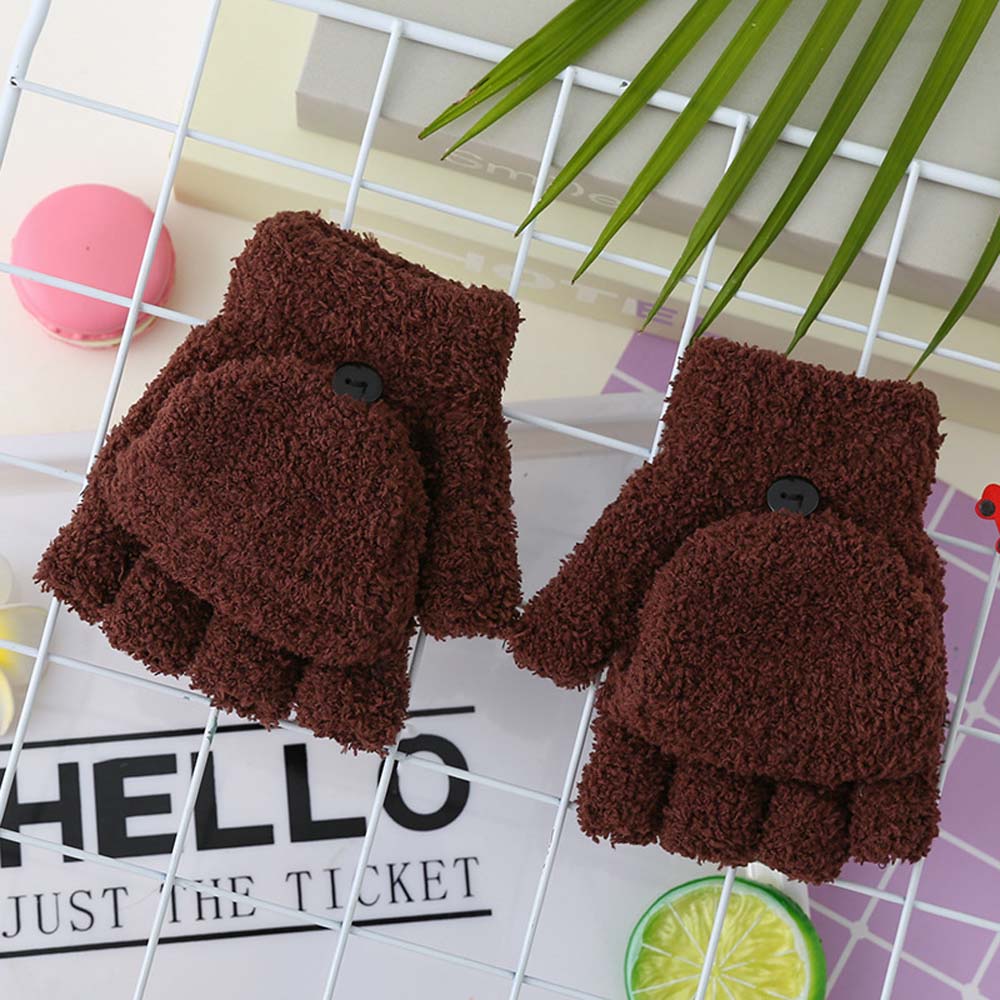 Kids Coral Fleece Dikker Half Vinger Flap Baby Handschoenen Winter Warm Houden Kinderen Kids Handschoenen Zachte Handschoenen Opvouwbare Wanten: coffee