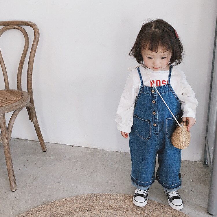 Lente baby kinder cowboybroek voor kinderen jongens en meisjes casual losse denim jeans met wijde pijpen bretels broek