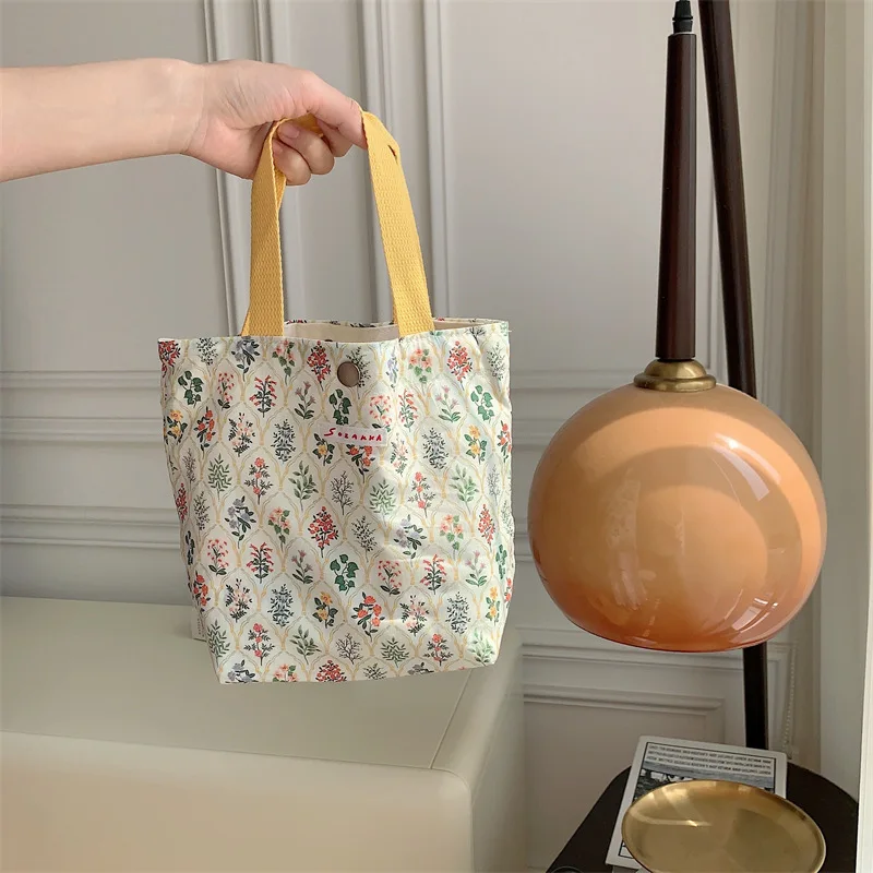 Dames Schoonheid Bloem Canvas Tas Buiten Winkelen Toilettas Telefoon Oagnzier Opbergzakken Koreaanse Doek Handtassen Lunchbox Bento Tas: GRIJS