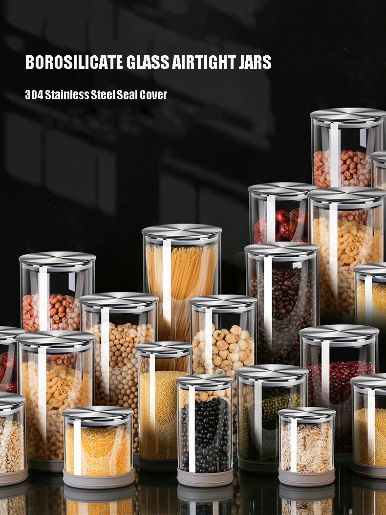 Kitchen Food Glass Storage Container Airtight Glass Food Storage Jar Heat-resistant Glass Jar Container with Stainless Steel Lid