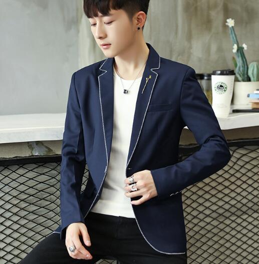 Mens casual blazers pak jasje Witte rand poly viscose Mannelijke kleding voorjaar slanke M-3XL revers pin: ASWS1813 Blue / M