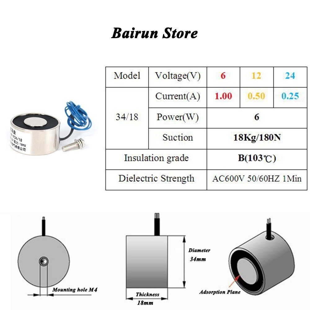 Small 34/18 DC 6V 12V 24V Cylinder Electromagnet Lifting,18KG 180N,Solenoid Strong Sucker Holding Electric Magnet