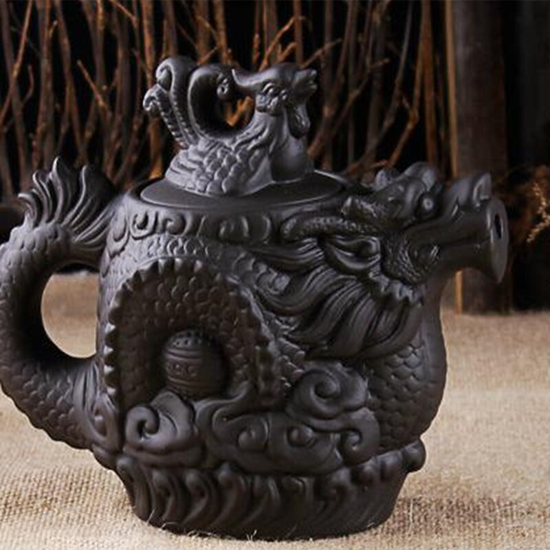 Teapot Dragon and Phoenix Tea Pot Big Capacity Purple Clay Tea Set Kettle Kung Fu Teapot (Black): Default Title