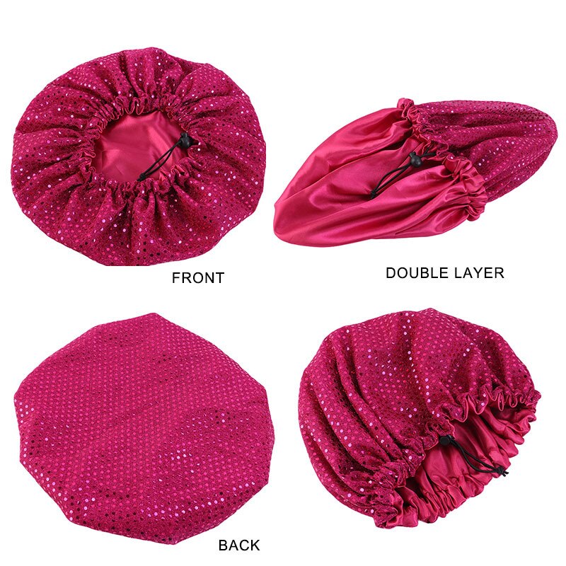 Grand Bonnet en Satin doublé pour femmes, grande taille, paillettes, soie, pour dormir la nuit, couvre-tête,