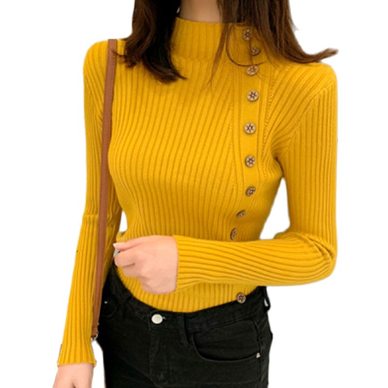 Autumn Ribbed Button Women Sweater Pullovers Cotton Long Sleeve Turtleneck Pullovers Jumpers Spring Soft Comfortable Basic Tops