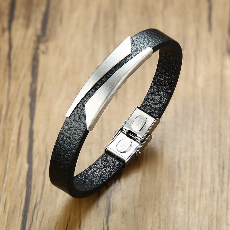 Men's Stainless Steel And Black Leather Bracelet in Black Brackelts Brazalet Brazalete Gents Jewelry