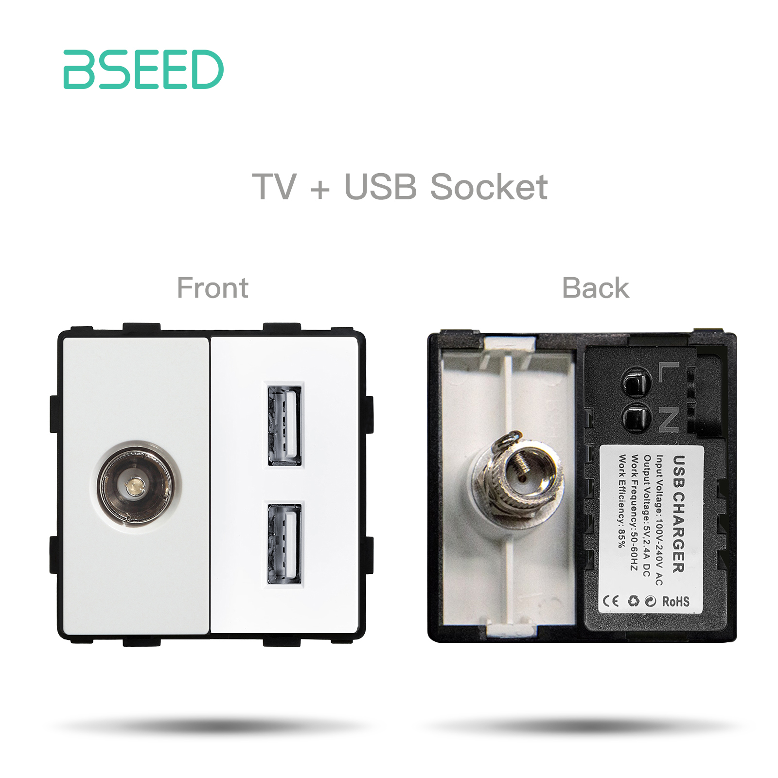 BSEED Weiße Glasscheibe mit Internet-Buchse TV ST Katze5 RJ45 Funktionsteile Doppel-USB-Buchse EU-Wandstecker DIY freie Kombination: Typ2