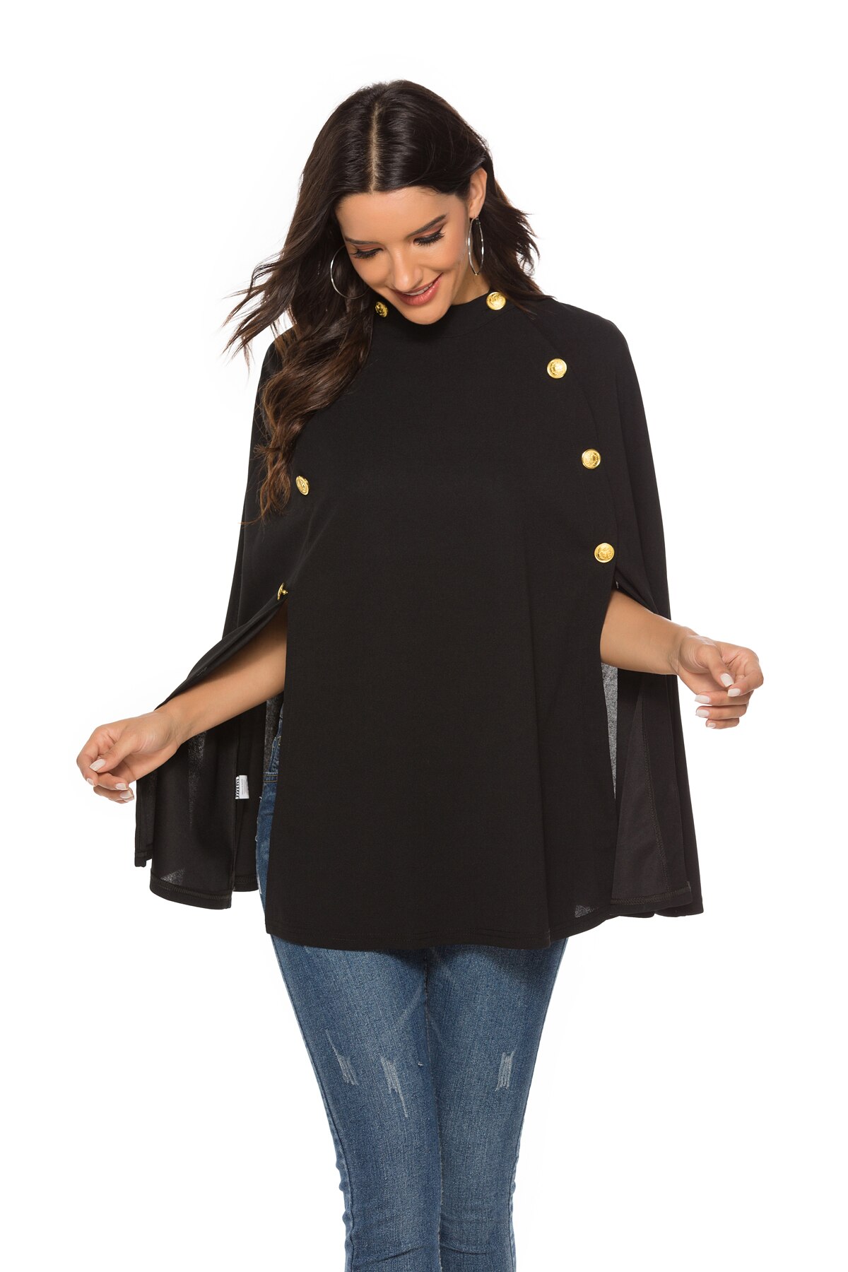 Amerikaanse Stijl Stand-Up Kraag Double-Breasted Mouwloze Volleyed Cape Effen Kleur Windjack: XL