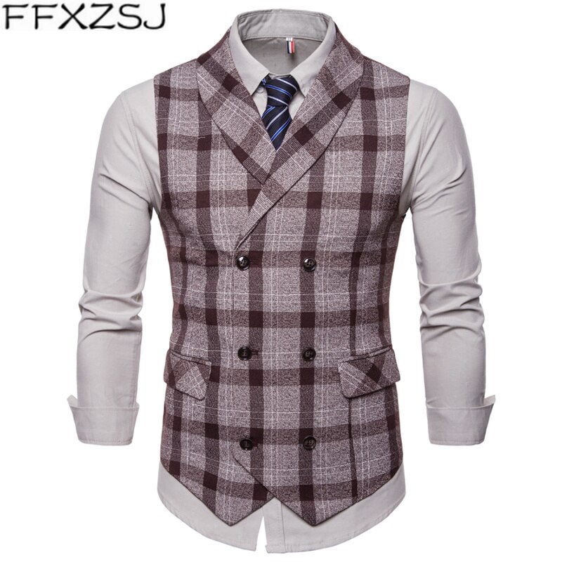 Ffxzsj mænd vest rød plaid vest dobbeltradet v-hals krave afslappet stil slim fit bryllupsfest slid plus size vest mænd