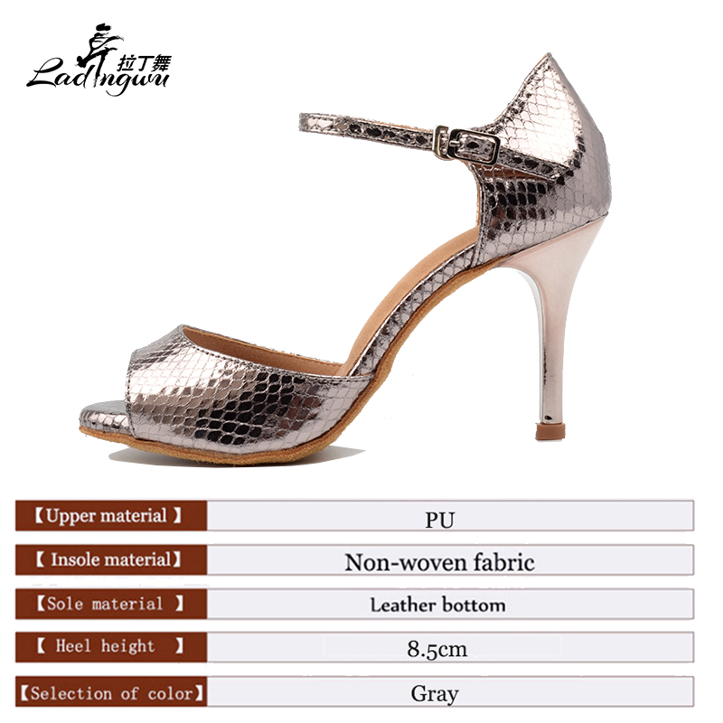 Ladingwu Gray Pu Women's High Heel Shoes Party Ballroom Dance Sandals Salsa Latin Dancing Shoes Silver Heel 8.5cm