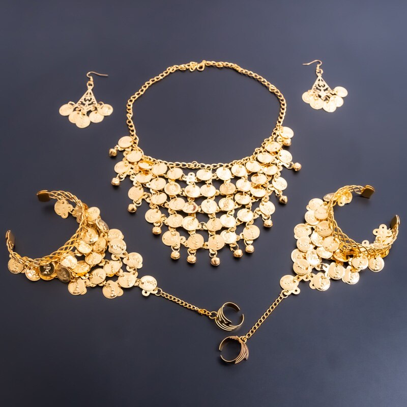 Conjunto de accesorios de danza del vientre para mujer, collar, pendientes, pulsera, juego de oro y plata, accesorio de danza del vientre, India,: Gold-Full set