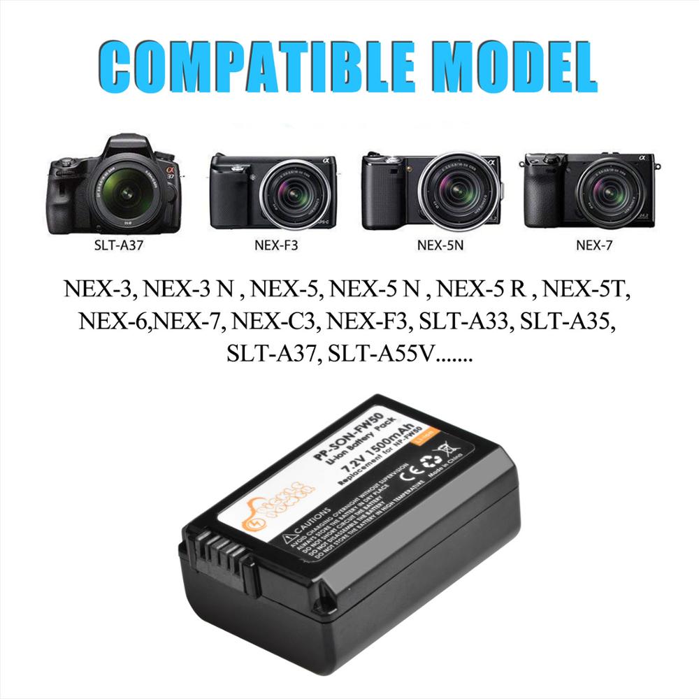 Batería NP-FW50 NP FW50 de 1500mAh y cargador Dual LCD para Sony Alpha a6500, a6300, a6000, a5000, a3000, NEX-3, a7R