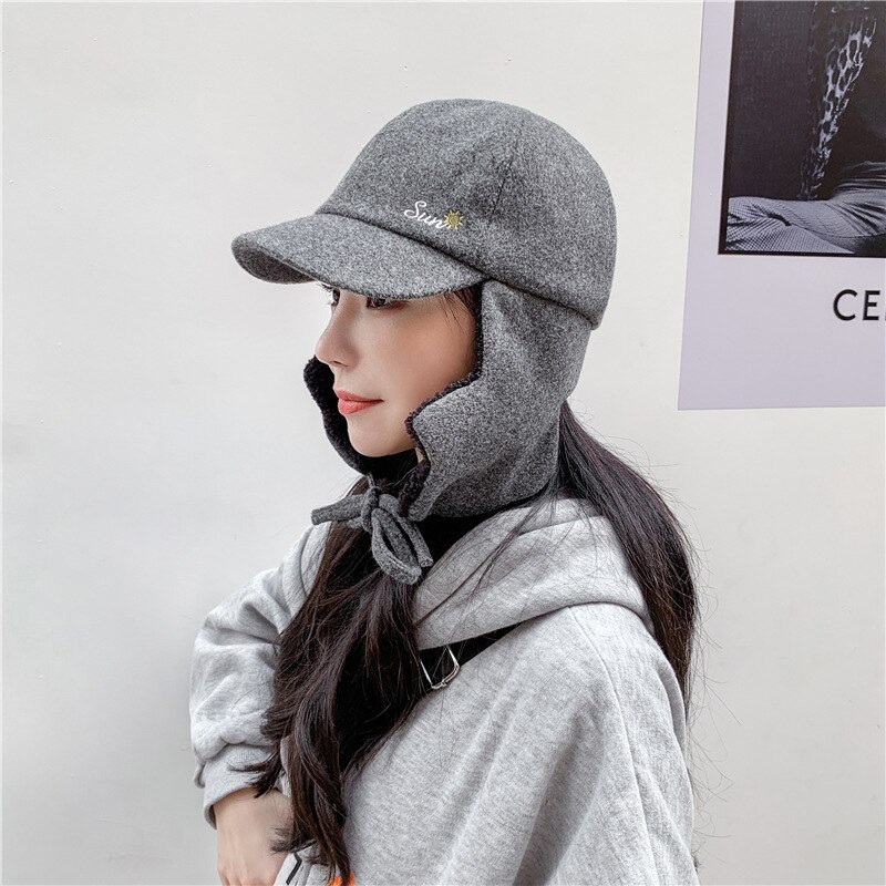 [ewq] lei feng hat kvinde efterår og vinter koreansk all-match par fleece ørebeskyttelse varm retro cap  zt501: Solgrå