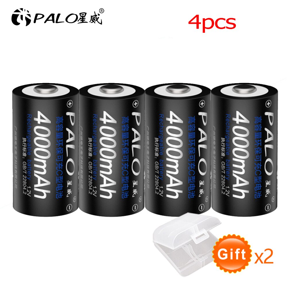 PALO R14 C pile C taille batterie rechargeable 1.2V 4000mAh NI-MH + intelligent de charge rapide chargeur LCD pour AA AAA C D 9V: 4pcs battery