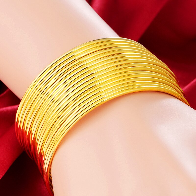 Lote de 10 unidades de pulseras de Color dorado puro para mujer, joyería nupcial, brazaletes redondos, pulsera de mujer, accesorios