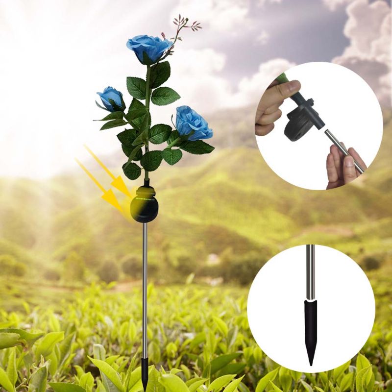 Solar Powered LED Light Simulation Rose Flower with Buds Waterproof Outdoor Lighting Lamp for Yard Garden Decoration