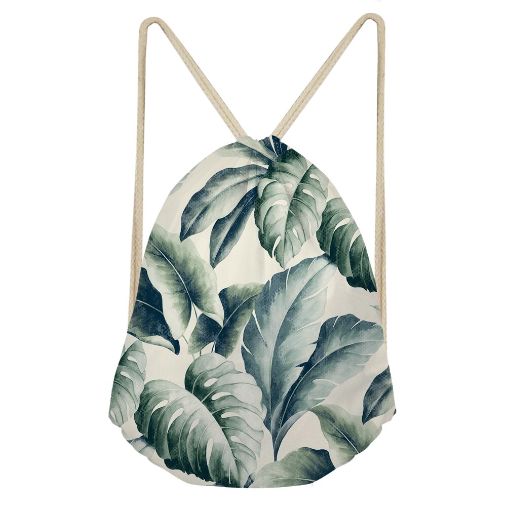Palm Leaves And Floral Split-leaf Philodendron Drawstring Bag Outdoor Fitness Beam Mouth Backpack Sports Bag Travel Backpack: Champagne