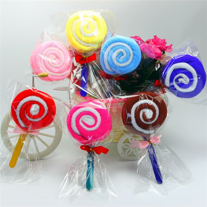 Toalla de algodón para pastel de piruleta, dulces de colores, , toalla encantadora para guardería, de cumpleaños y boda, 20 unids/lote