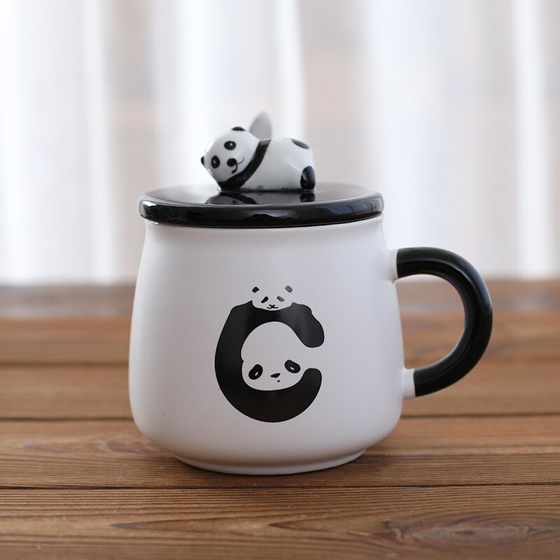 3d panda keramiske kaffekrus med lokk med skje bursdag tegneserie panda keramiske krus: To pandaer