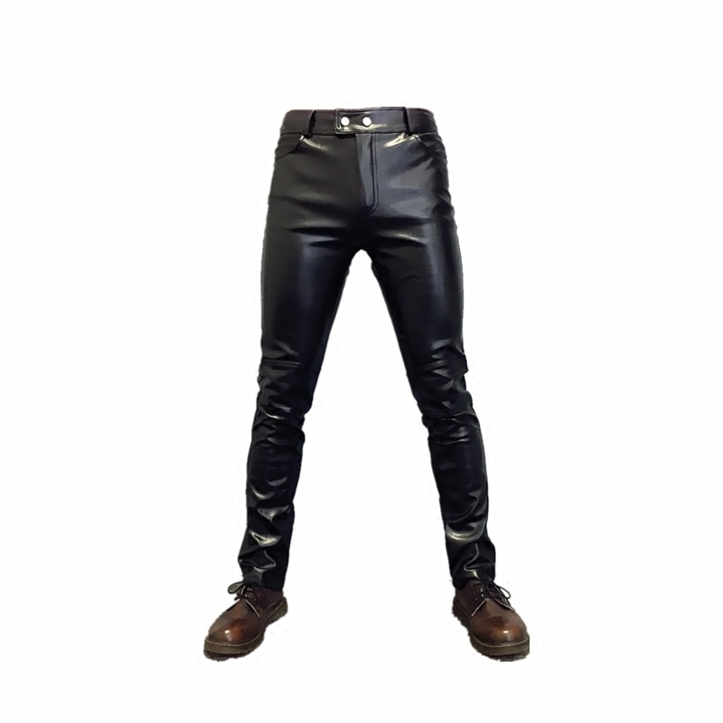 Koreaanse mode slanke lederen broek mannen eenvoudige locomotief dunne gedeelte leren broek mannen casual laarzen broek