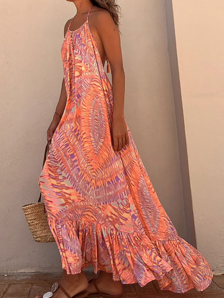 Kvinders løs off-shoulder boheme maxikjole festklub femme halterneck chic rygløs kjole strandstil løse print kjoler vestido