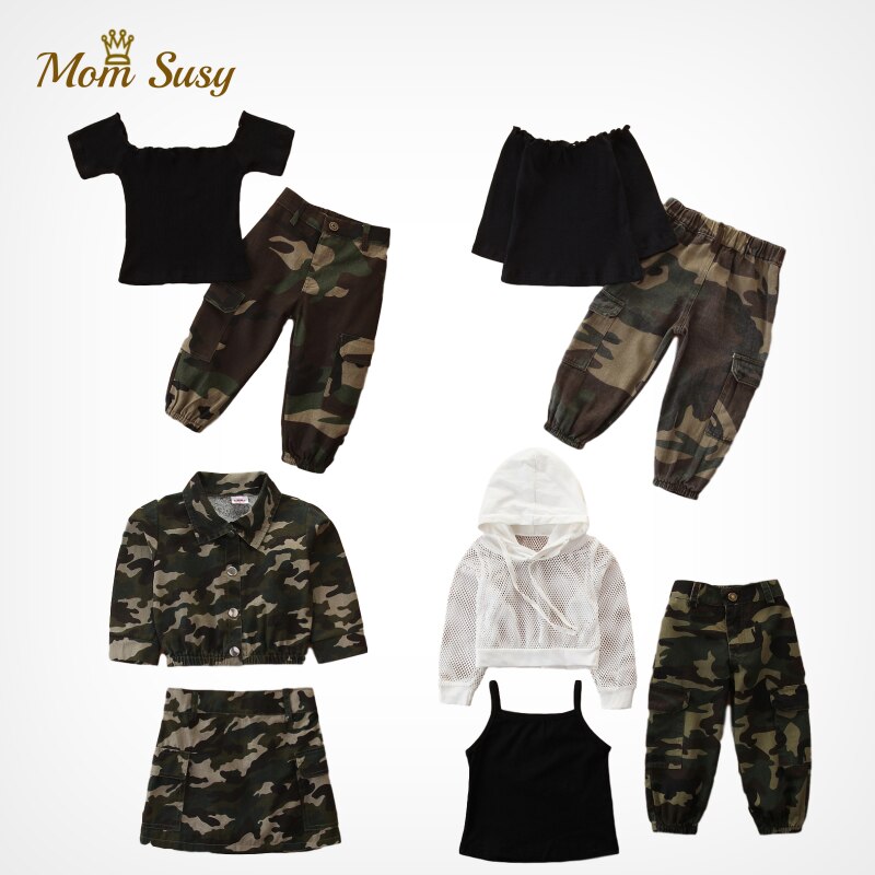 Ensemble de vêtements pour bébé fille en coton russe, t-shirt à épaules dénudées + pantalon camouflage, ensemble de 2 pièces pour bébé