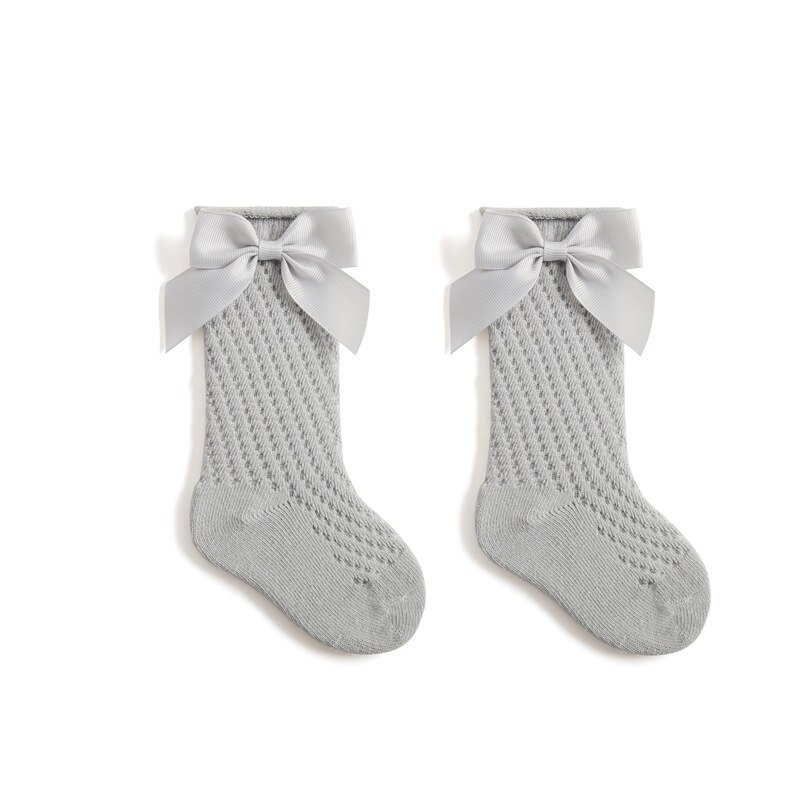 Verão crianças meias floral grande arco crianças meninas joelho alta meia longa algodão macio oco para fora meias do bebê malha menina princesa socken: 4 / 3-5years