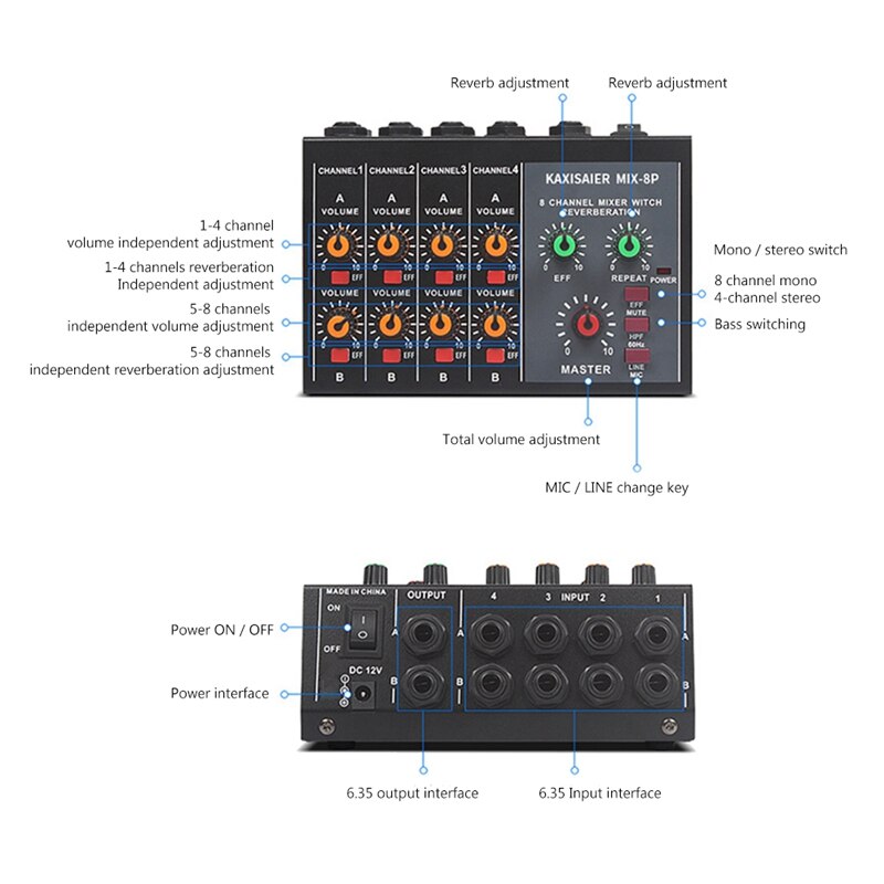 Karaoke Mixer 8 Channel Studio Audio DJ Mixing Console Amplifier Digital Microphone Sound Mixer(EU Plug)