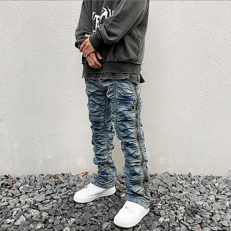 Harajuku Retro Ruched Side Zipper Jeans Men Straight Washed Streetwear Denim Trousers Elastic Wasit Hip Hop Mens Jeans Pants