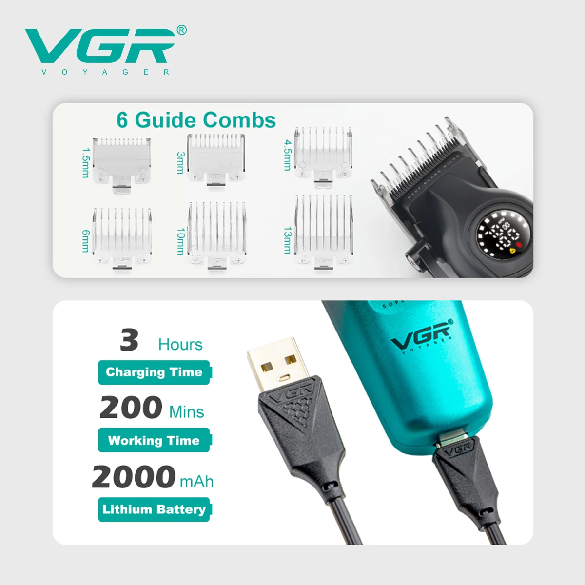 VGR 196 Professionelle Haarschneidemaschine, DLC-Klinge, LED-Anzeige, kabellose USB-Keramikklinge, Herren-Haarschneidemaschine, Haarschneidemaschine