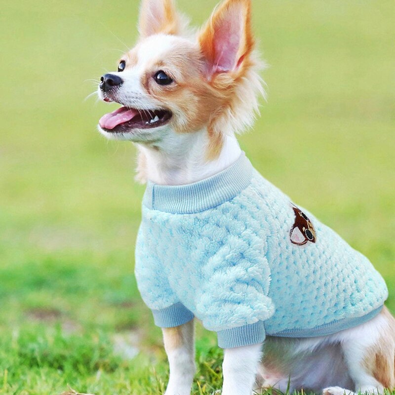 Cozy Soft Plush Pet Dog Sweater Clothes Pajamas Round Neck Cat Kitten Jumper Coat Embroidery Coral Fleece Puppy Sweater Coat