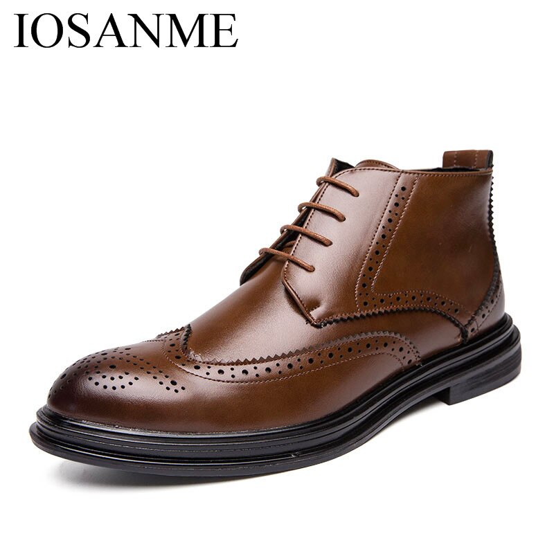Italiensk klassisk læder mænd støvler formelle vinter varme mokkasiner homme stor størrelse retro støvle brogue oxford sko til mænd: Brun / 6.5