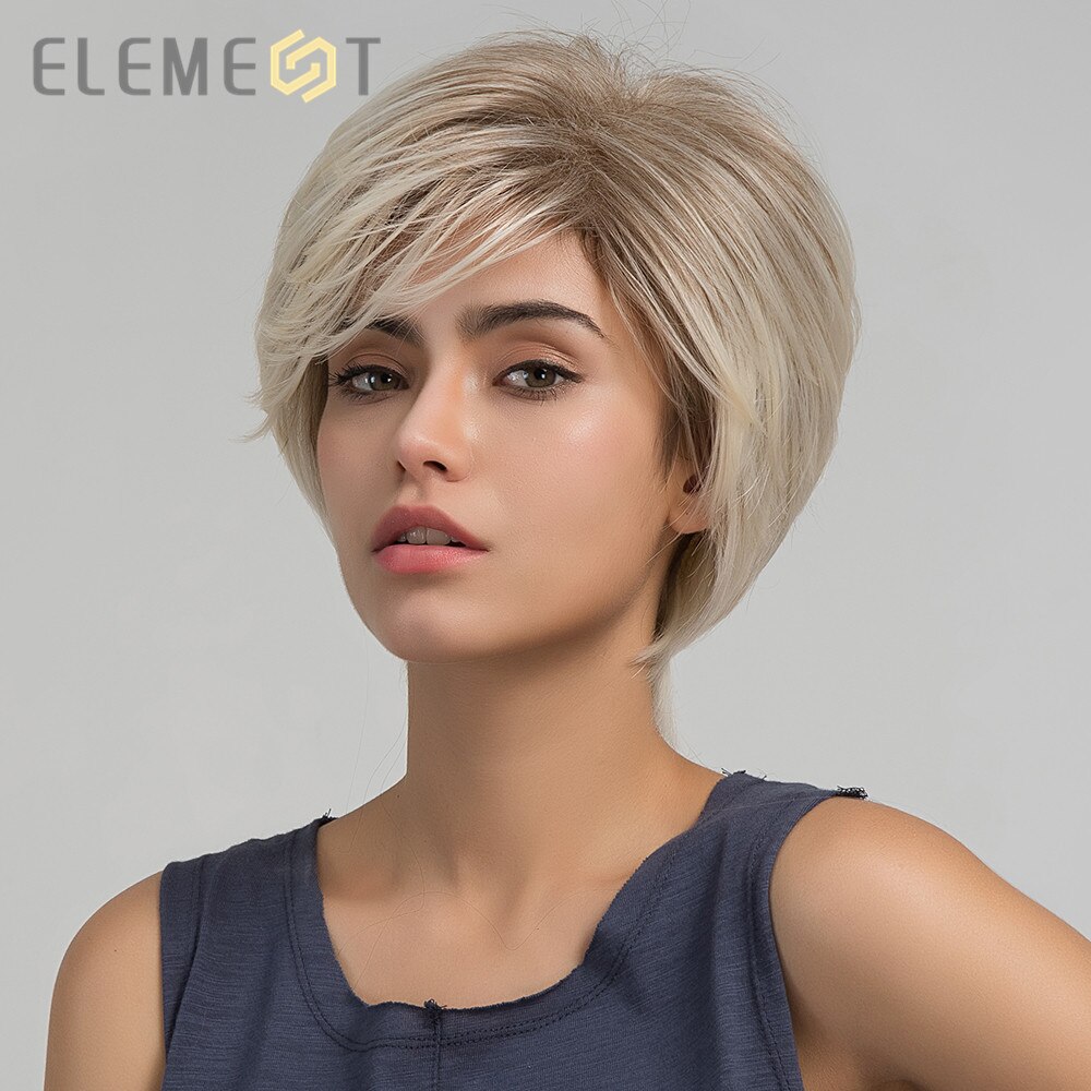 Element Short Straight Ombre Light Brown to Blonde Color Synthetic Pixie Cut Wigs for White/Black Women Daily Wear