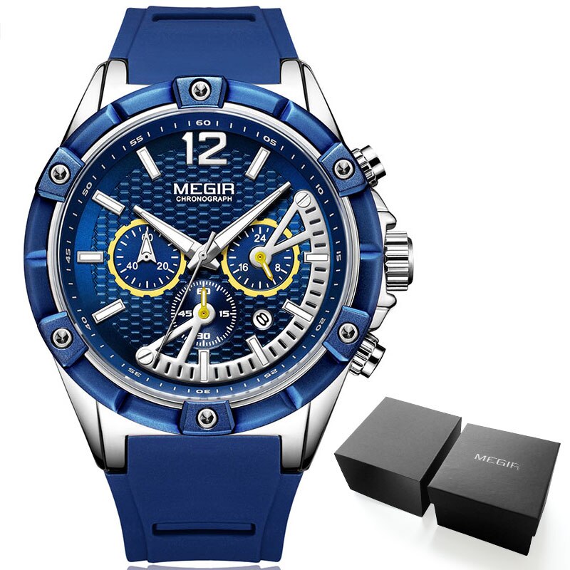 Megir Army Sport Waterdichte Quartz Horloges Voor Mannen Blauw Siliconen Stopwatch Relojios Masculinos Klok Lichtgevende 2083GBE-2: MN2083G-Silver-Blue