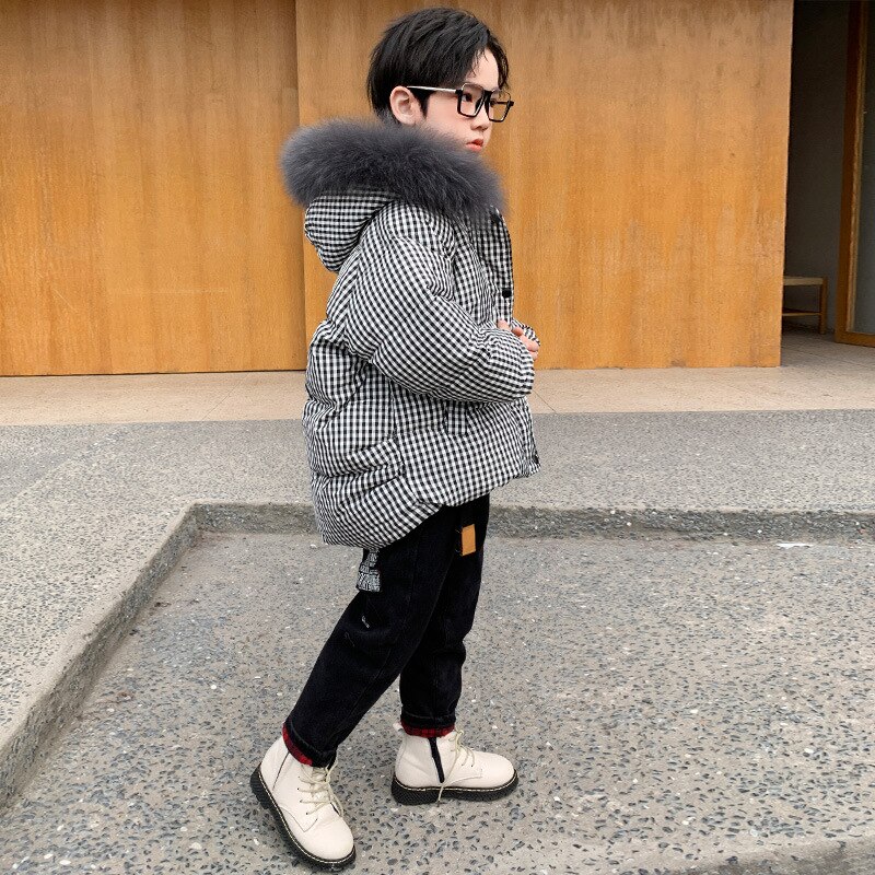 Chaqueta de invierno para niños, chaqueta gruesa de abrigo con cuello de piel, ropa a cuadros para niñas y niños