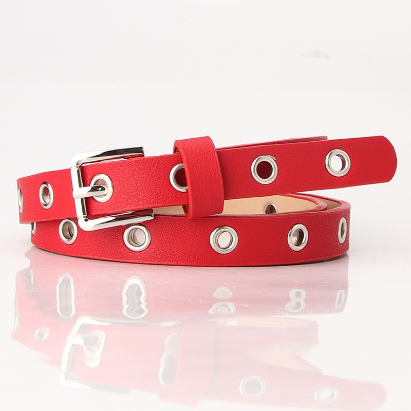 Vintage Punk Black Red Belts For Women Holes Hollow Leather Waist Belt Female Grommet Eyelet Thin Narrow Waistbelts Ladies: Red