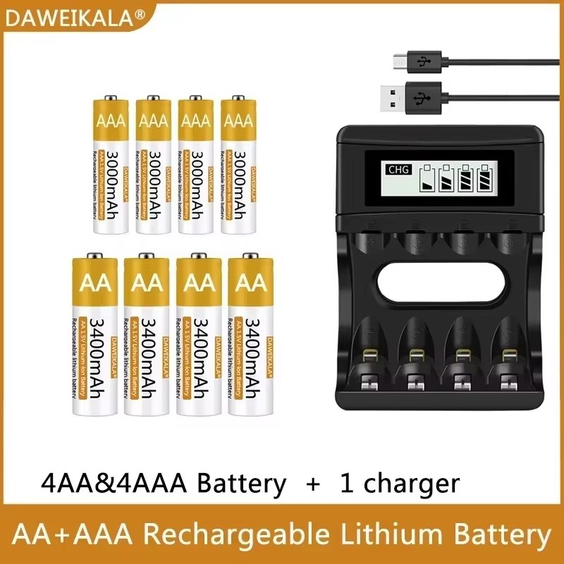 1.5v stk. aa/aaa genopladelige lithium-batterier. -100%  stk. originale polymer-li-ion-batterier med usb-oplader. hurtigopladning, lang levetid til legetøj/genbrug.: Sølv
