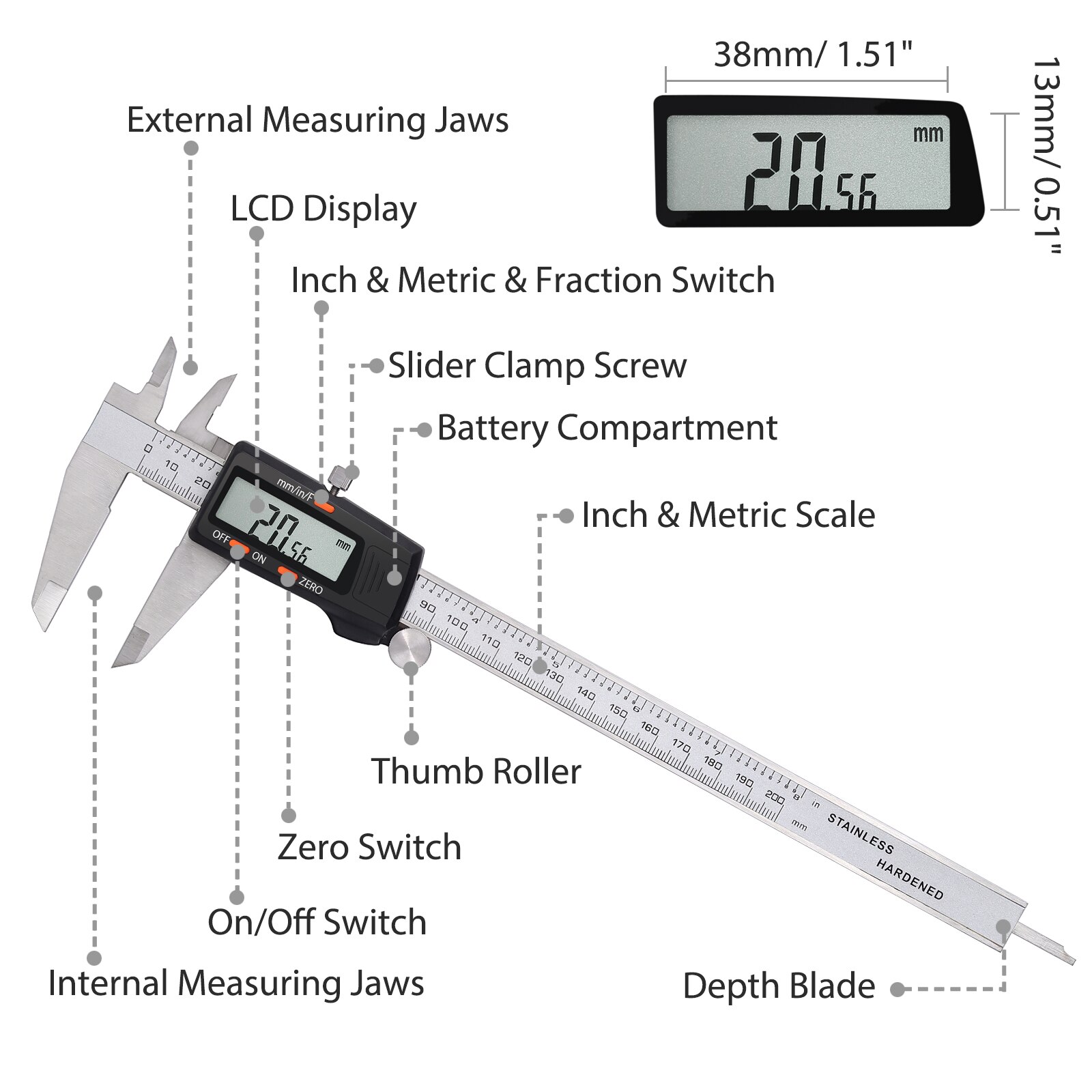 PROSTER Digital Vernier Caliper 200mm 8 Inch Stainless Steel Electronic Caliper Fractions/Inch/Metric Conversion Measuring Tool