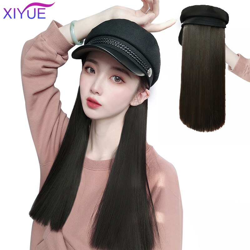 Xiyue Winter Mode Marine Hoed Met Synthetische Hair Extension Lange Rechte Haar Pruik Hoed Voor Vrouwen Pruiken Voor Vrouwen zwart Bruin