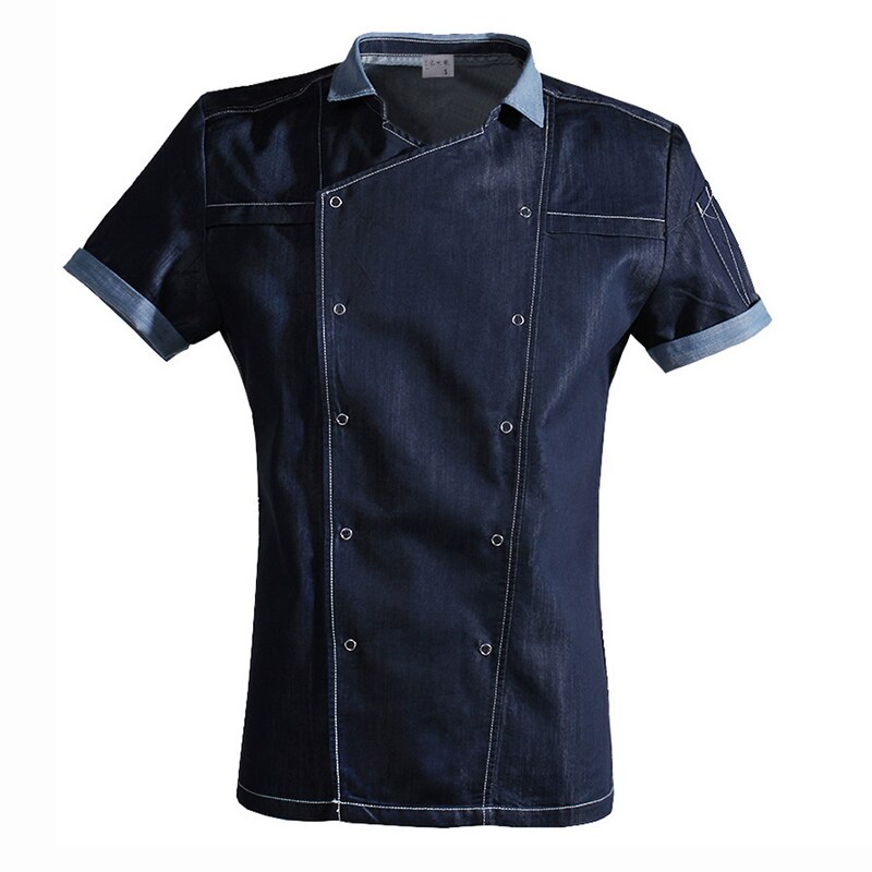 uniform hotel head chef restaurant kitchen chef jacket Food service denim blue short sleeve cook clothes: XXXL