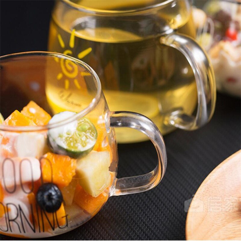 1Pcs Brief Print Creatieve Glas Koffie Mokken Goede Ochtend Hand Transparant Fruit Salade Ontbijt Melk Cup Glas Thee Drankjes