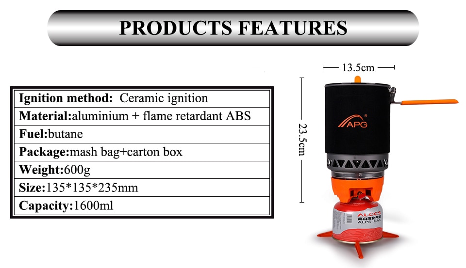 Apg Draagbare Camping Gas Branders 1600Ml System Camping Flueless Gasfornuis Koken Systeem