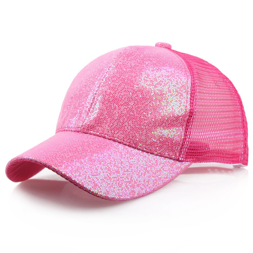 gorra de béisbol de cola de caballo para mujer, gorra desordenada de verano, gorra de malla, gorras de lentejuelas deportivas, gorra de # L5: Hot Pink / S